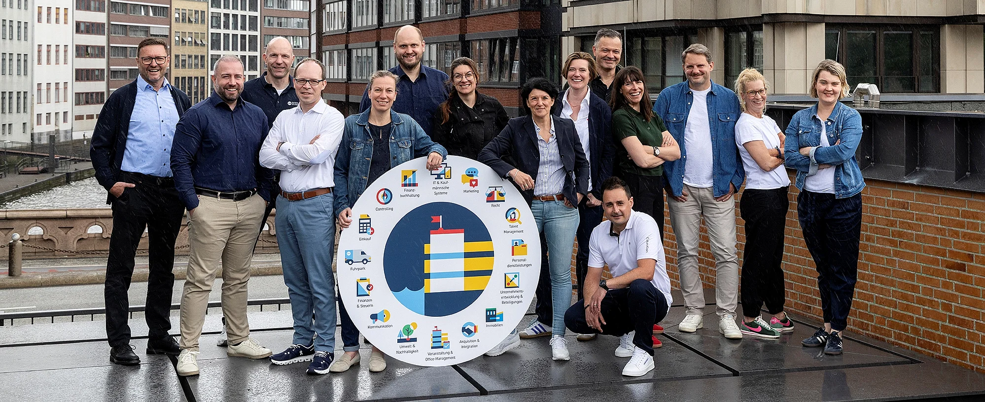 Ein Gruppenbilder der 15 Abteilungsleiter von HPM Service und Verwaltung vor dem Firmengebäude 
