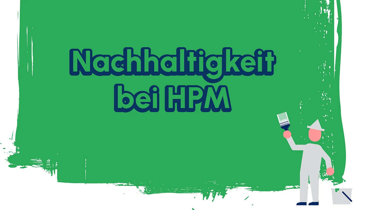 Illustrierte grüne Wand mit Aufschrift Nachhaltigkeit bei der HPM und einem kleinen Maler der die Wand streicht