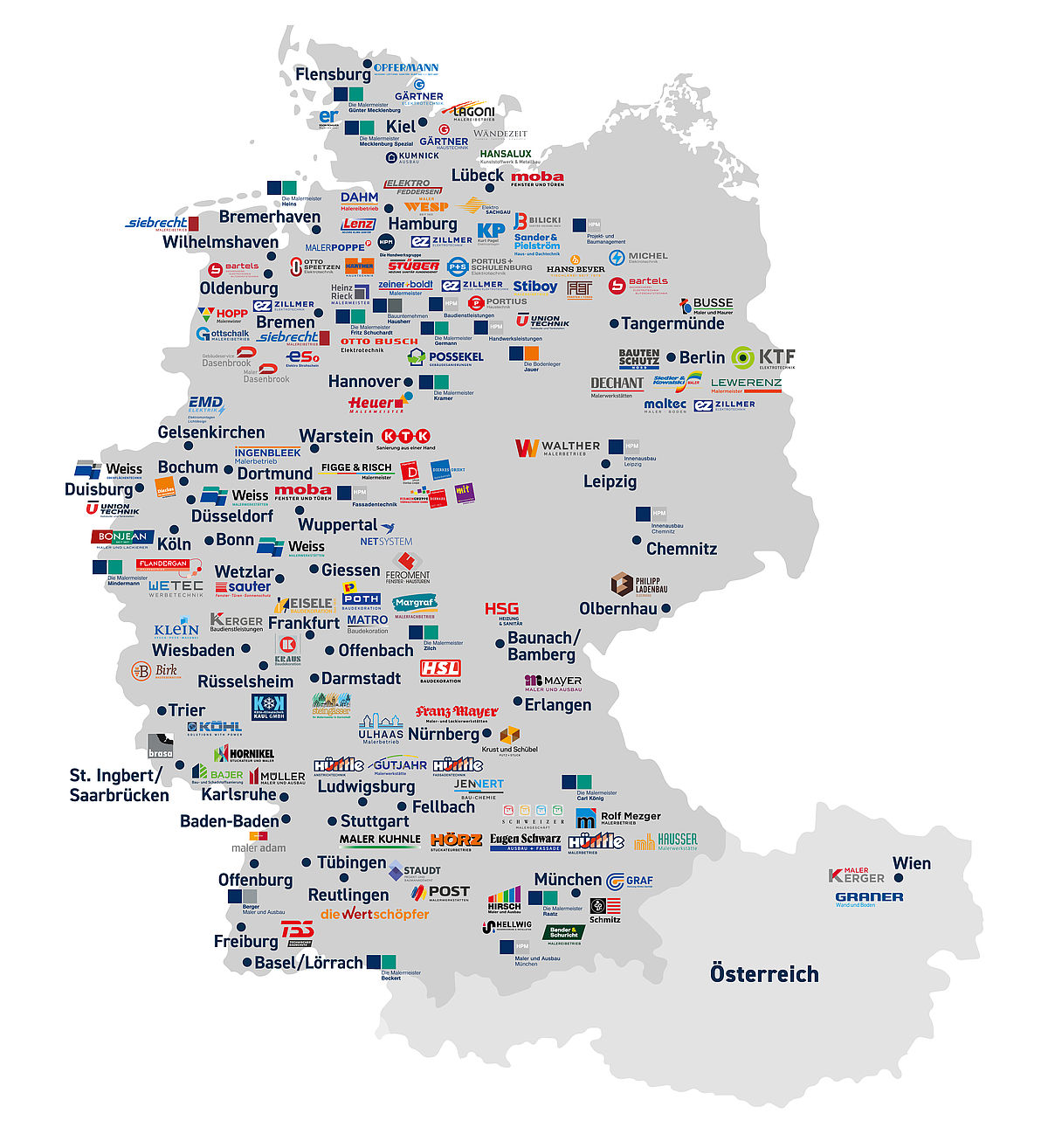 Landkarte mit allen Betrieben der HPM Die Handwerksgruppe in Deutschland und Österreich