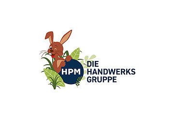 Illustrierter Osterhase mit dem Firmenlogo der Firma HPM Die Handwerksgruppe