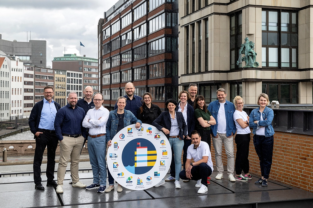 Gruppenbild der 15 Abteilungsleiter von HPM Service und Verwaltung vor dem Firmengebäude 